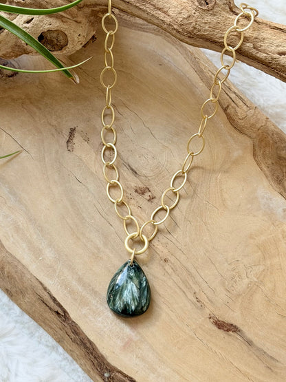 Russian Seraphinite + Matte Gold Necklace