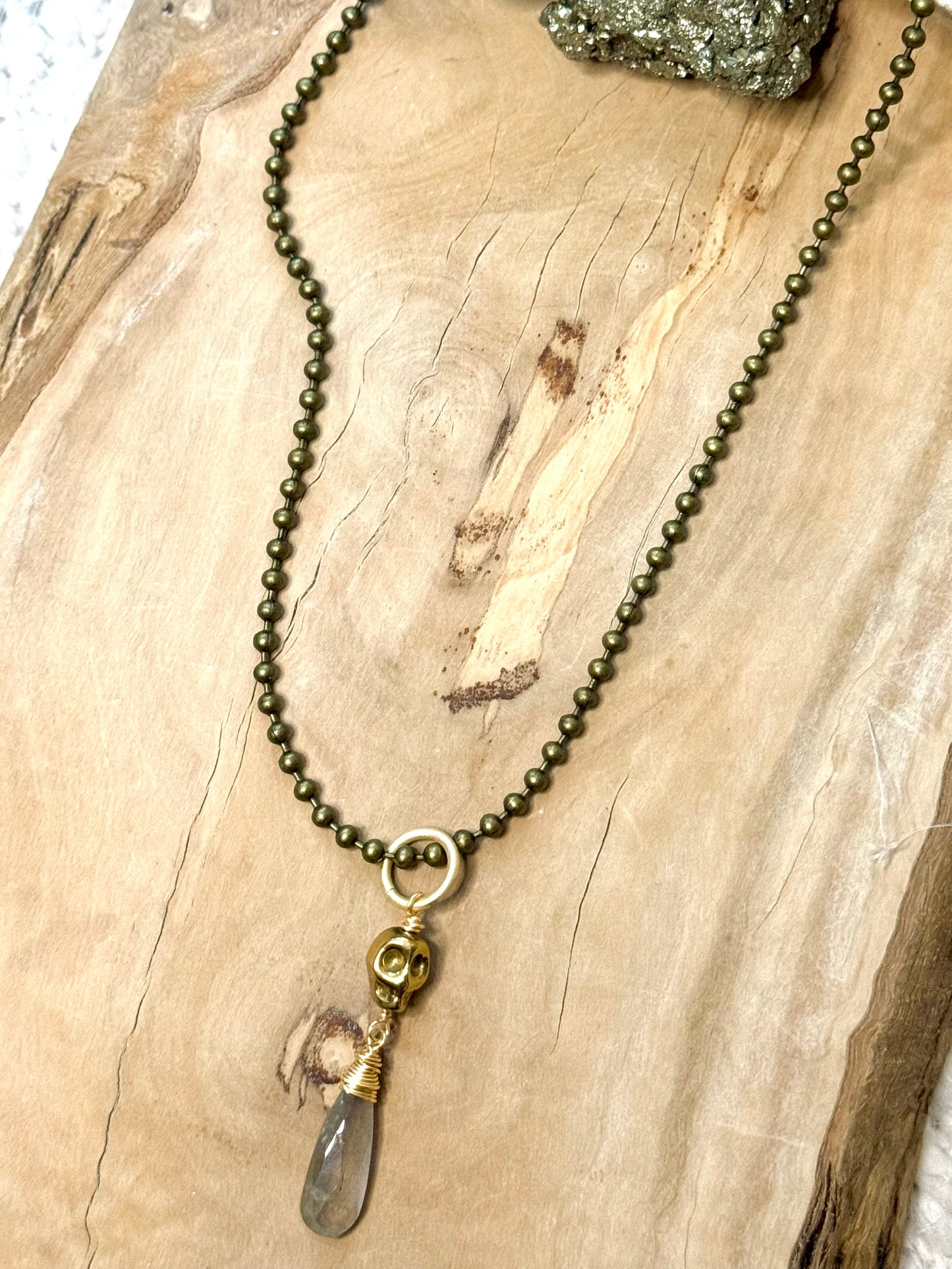 Labradorite + Mixed Metals Hematite Skull Necklace