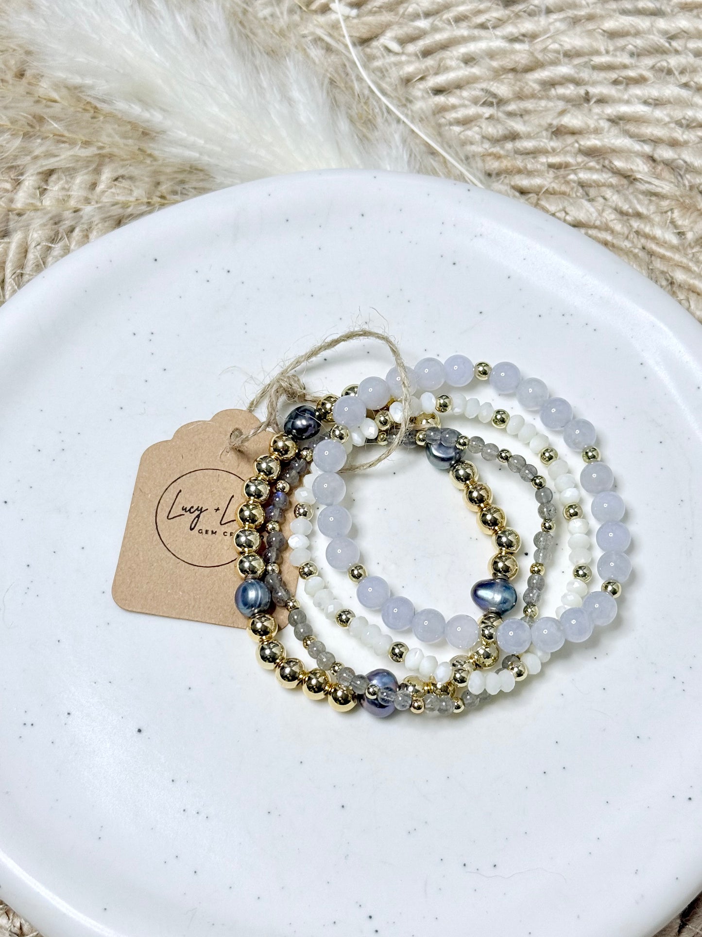 Blue Gems + Freshwater Pearls in Gold Stack (4-stack)