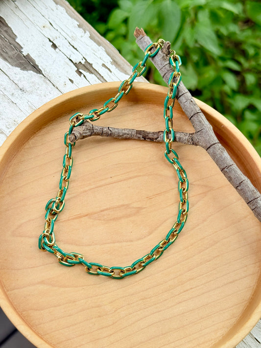 Green + Gold Stainless Steel Link Necklace