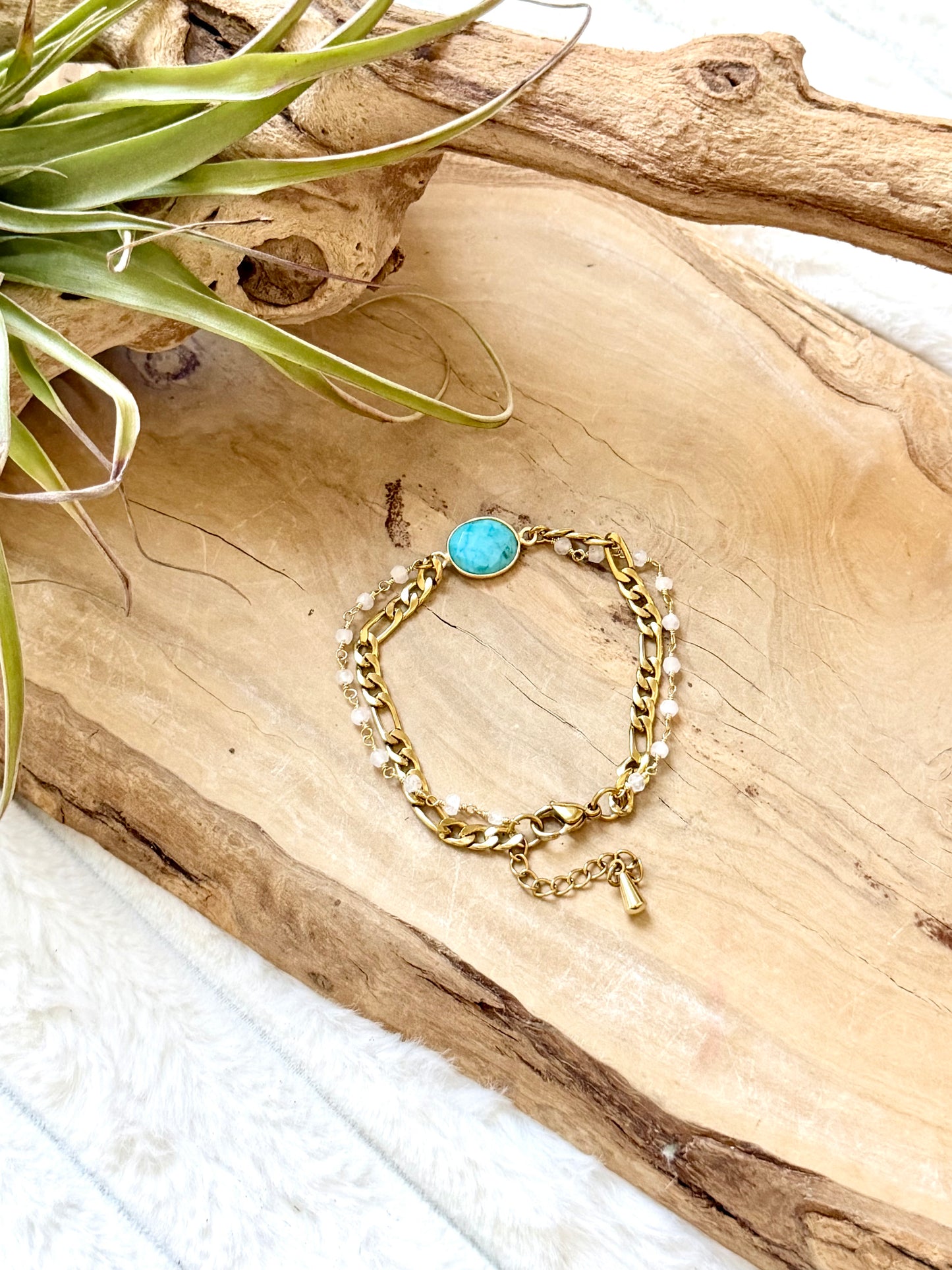 Turquoise + Moonstone Duet Bracelet in Gold Stainless Steel