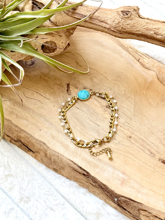 Turquoise + Moonstone Duet Bracelet in Gold Stainless Steel