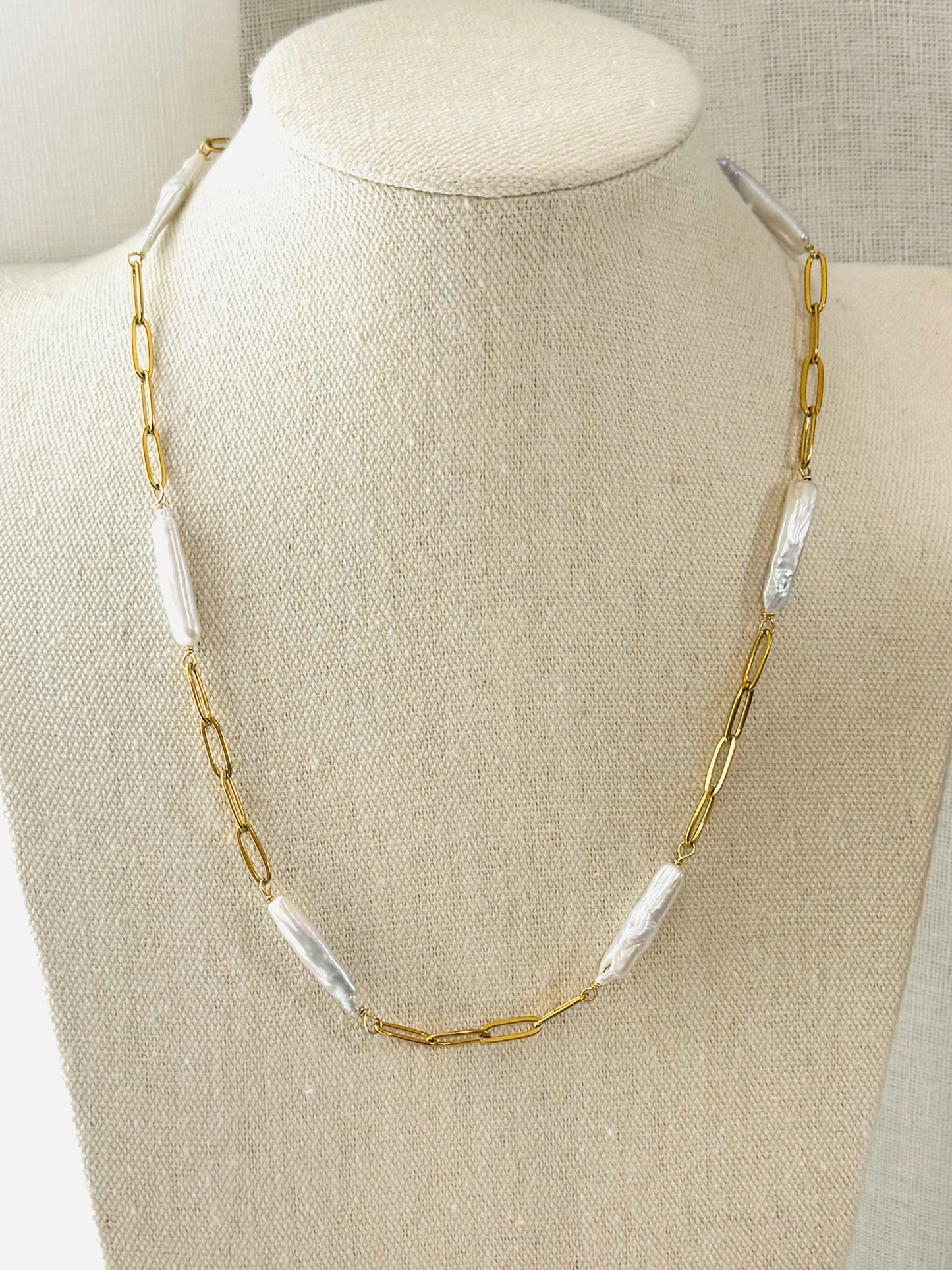 Freshwater Biwa Pearl + Gold Paperclip Chain Necklace