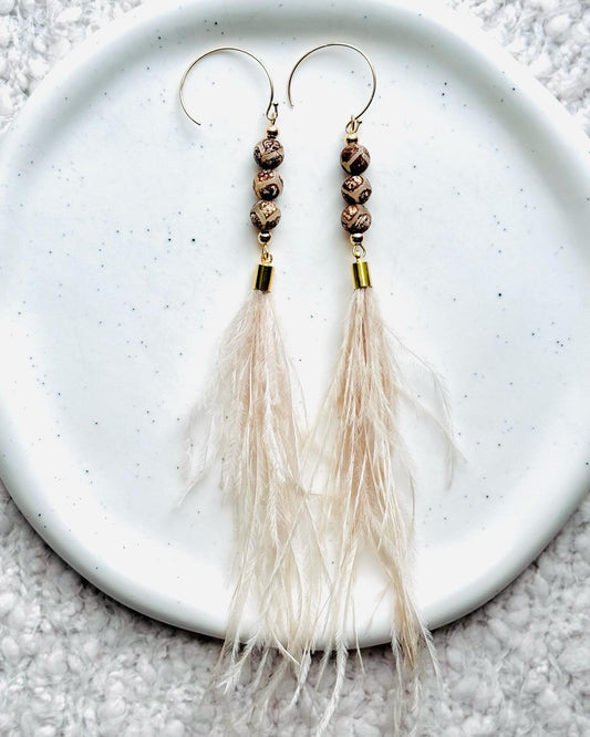Tibetan Agate + Gold Feather Earrings