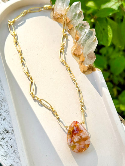 Cherry Blossom Agate + Matte Gold Pendant Necklace