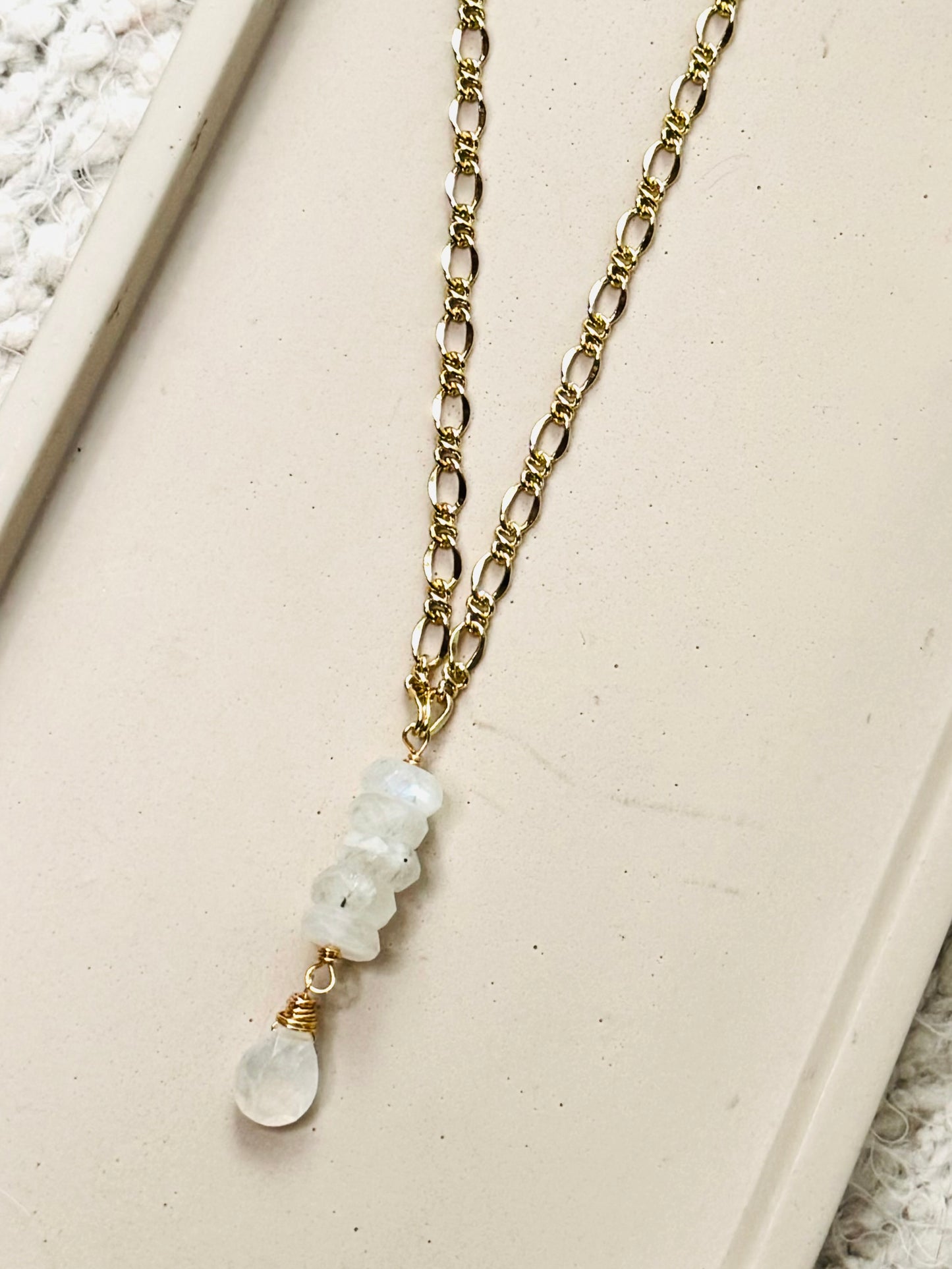 Rainbow Moonstone + Gold Lariat Necklace