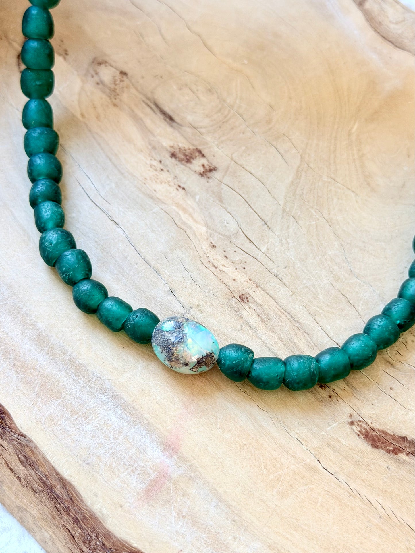 Ethiopian Opal + Green African Glass Gold Chunky Necklace