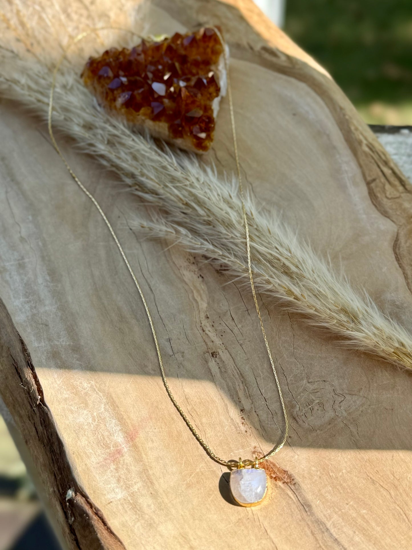 Rainbow Moonstone + Gold Pendant Necklace