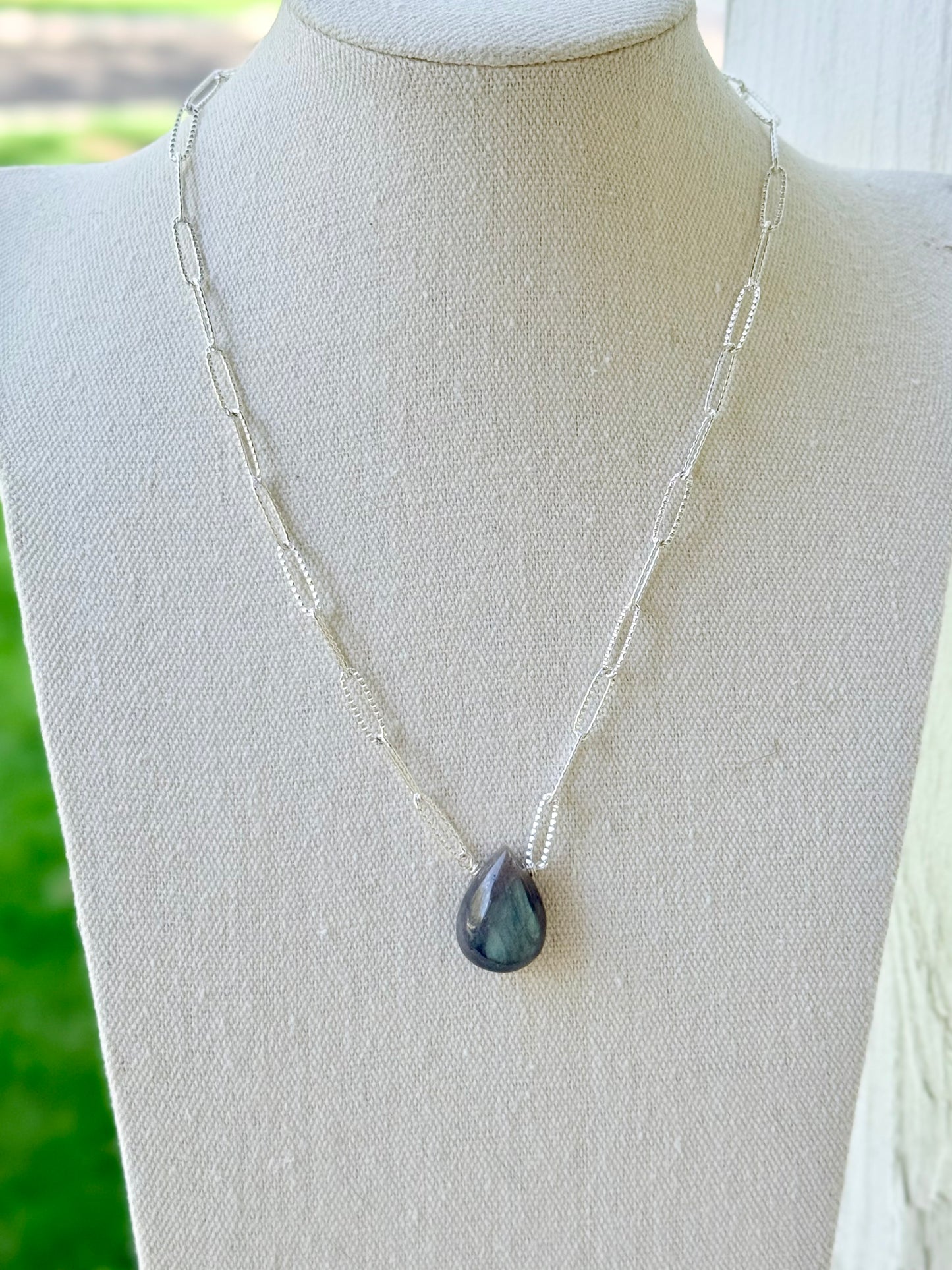 Labradorite Pendant + Silver Paperclip Necklace