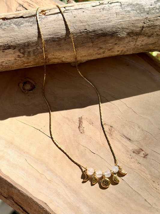 Rainbow Moonstone + Gold Moon Phases Necklace