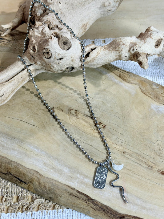 Rainbow Moonstone + Silver Snake Necklace