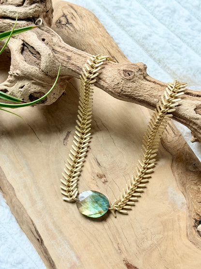 Rainbow Labradorite + Matte Gold Half-Moon Chain Necklace