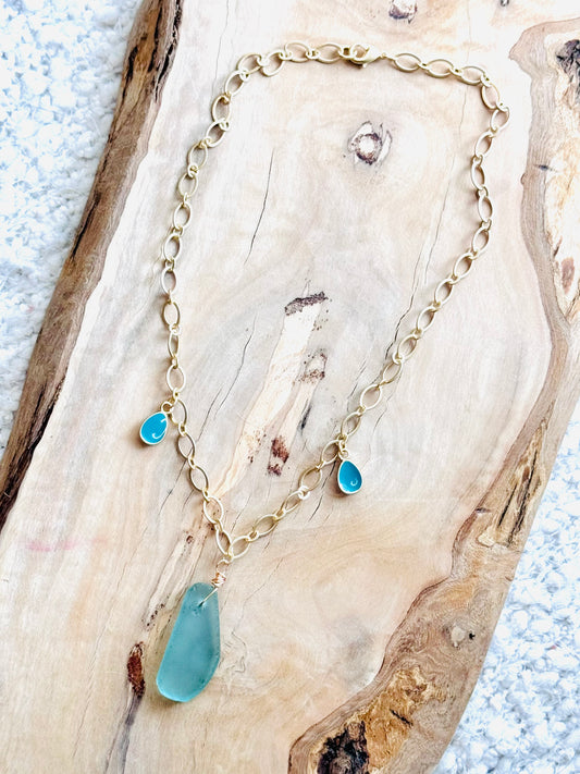 Teal Sea Glass + Matte Gold Necklace