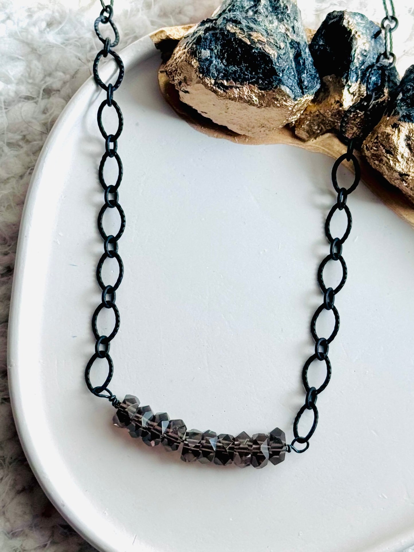 Matte Black + Smoky Quartz Bar Necklace