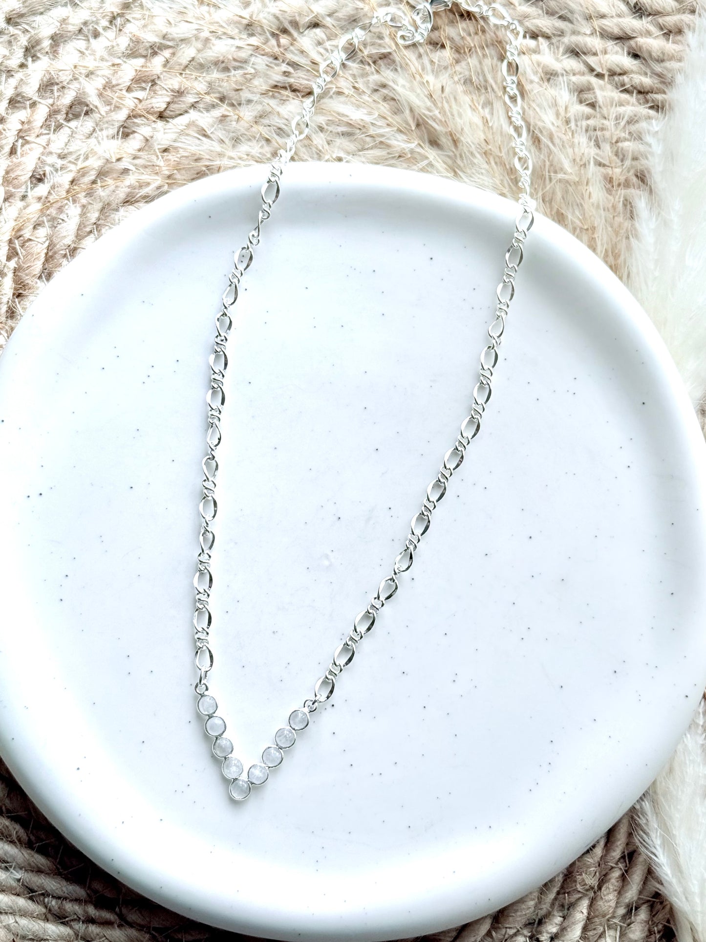 Rainbow Moonstone + Silver V-Shaped Necklace