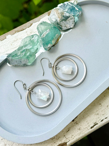 Rainbow Moonstone + Matte Silver Double Circle Earrings