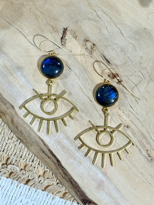 Labradorite + Gold Evil Eye Earrings