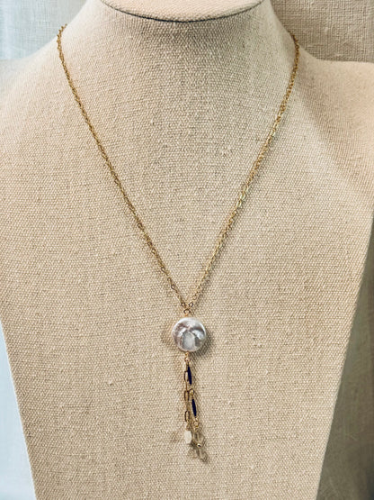 Freshwater Pearl + Matte Gold Lariat Necklace