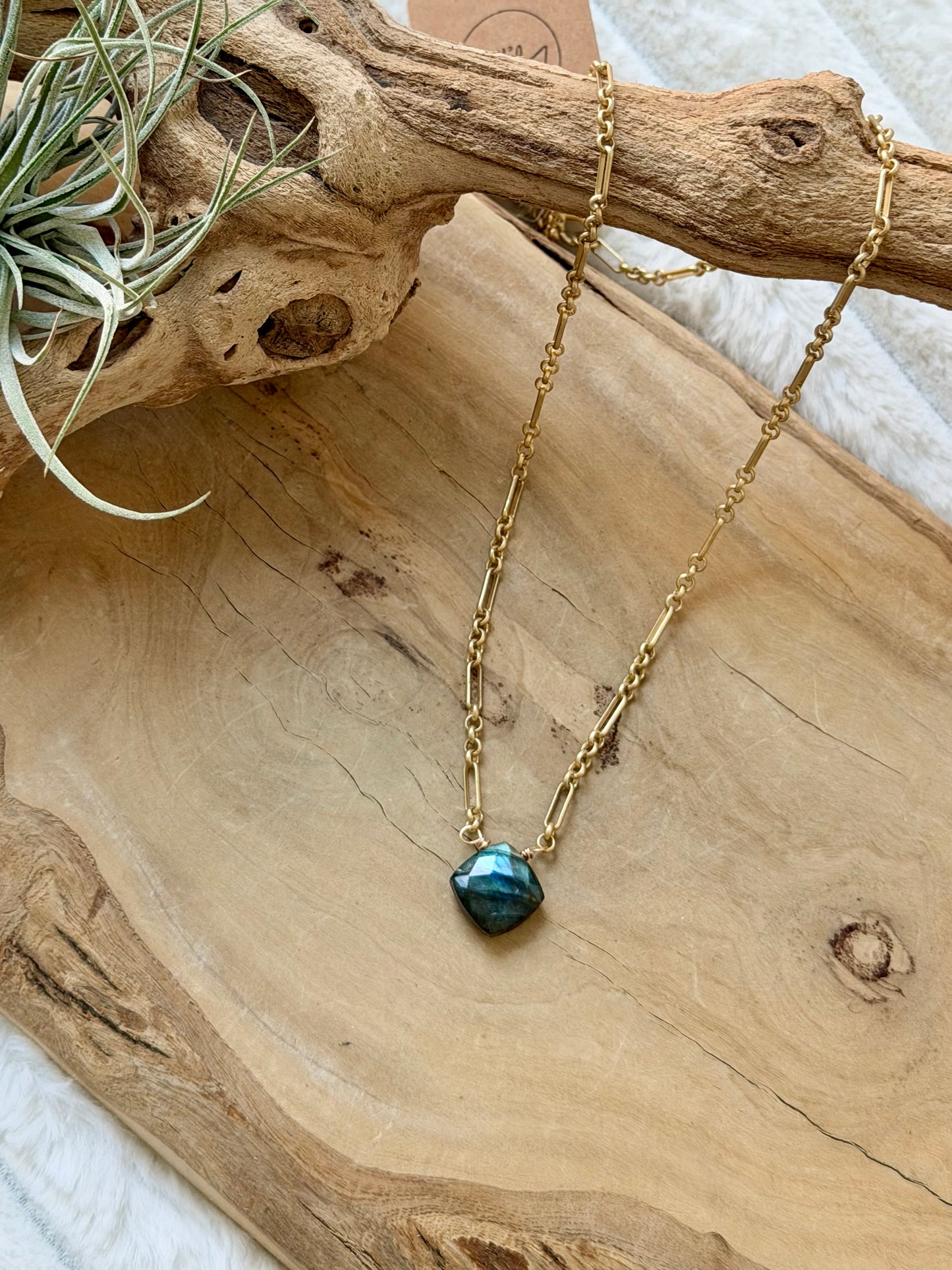 Labradorite Cushion + Matte Gold Necklace