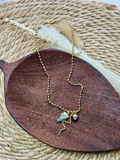 Labradorite + Arfvedsonite Gold Charm Necklace