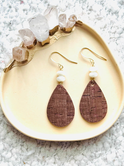 Mother of Pearl + Gold Cork Teardrop Earrings