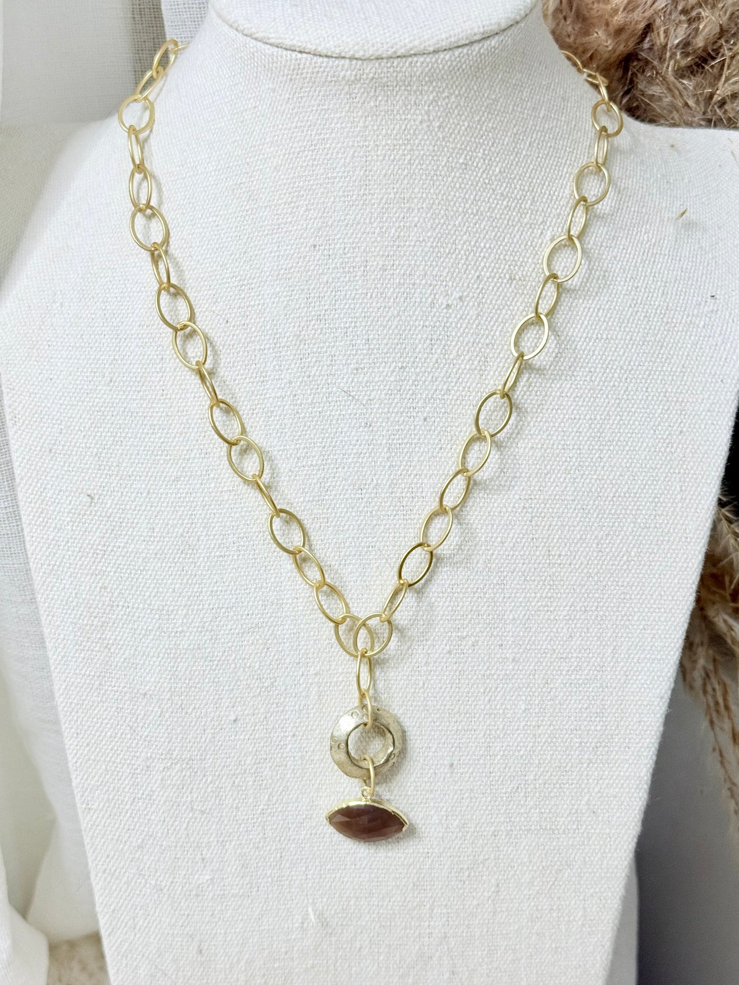 Chocolate Moonstone Evil Eye + Matte Gold Necklace