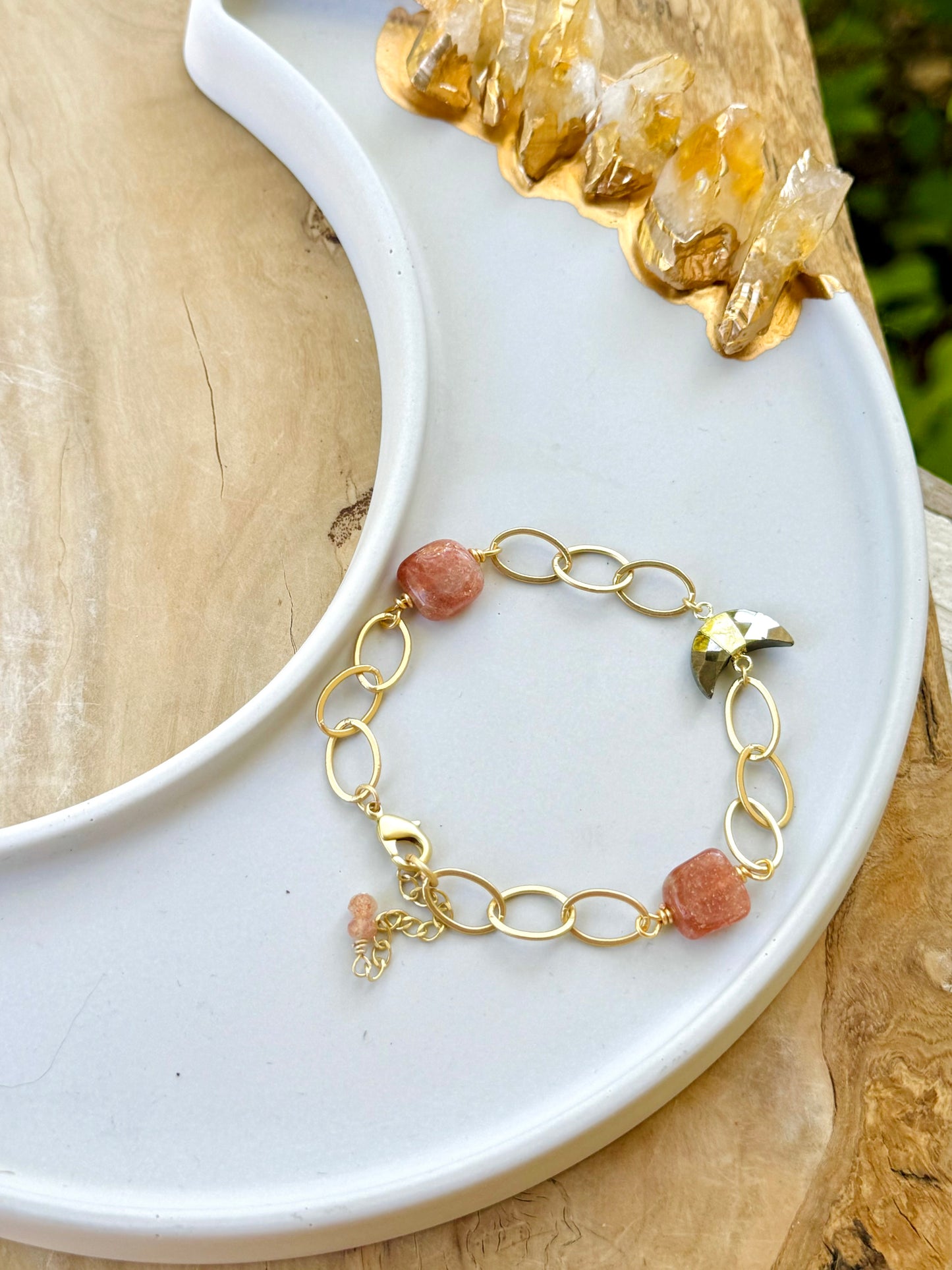 Pyrite + Sunstone Gold Gemstone Moon Bracelet