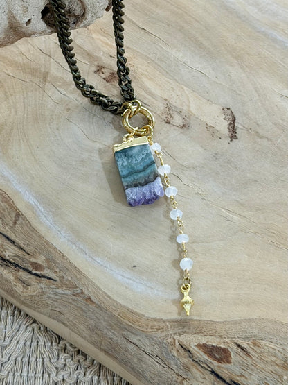 Amethyst Stalactite + Moonstone Antique Brass Necklace