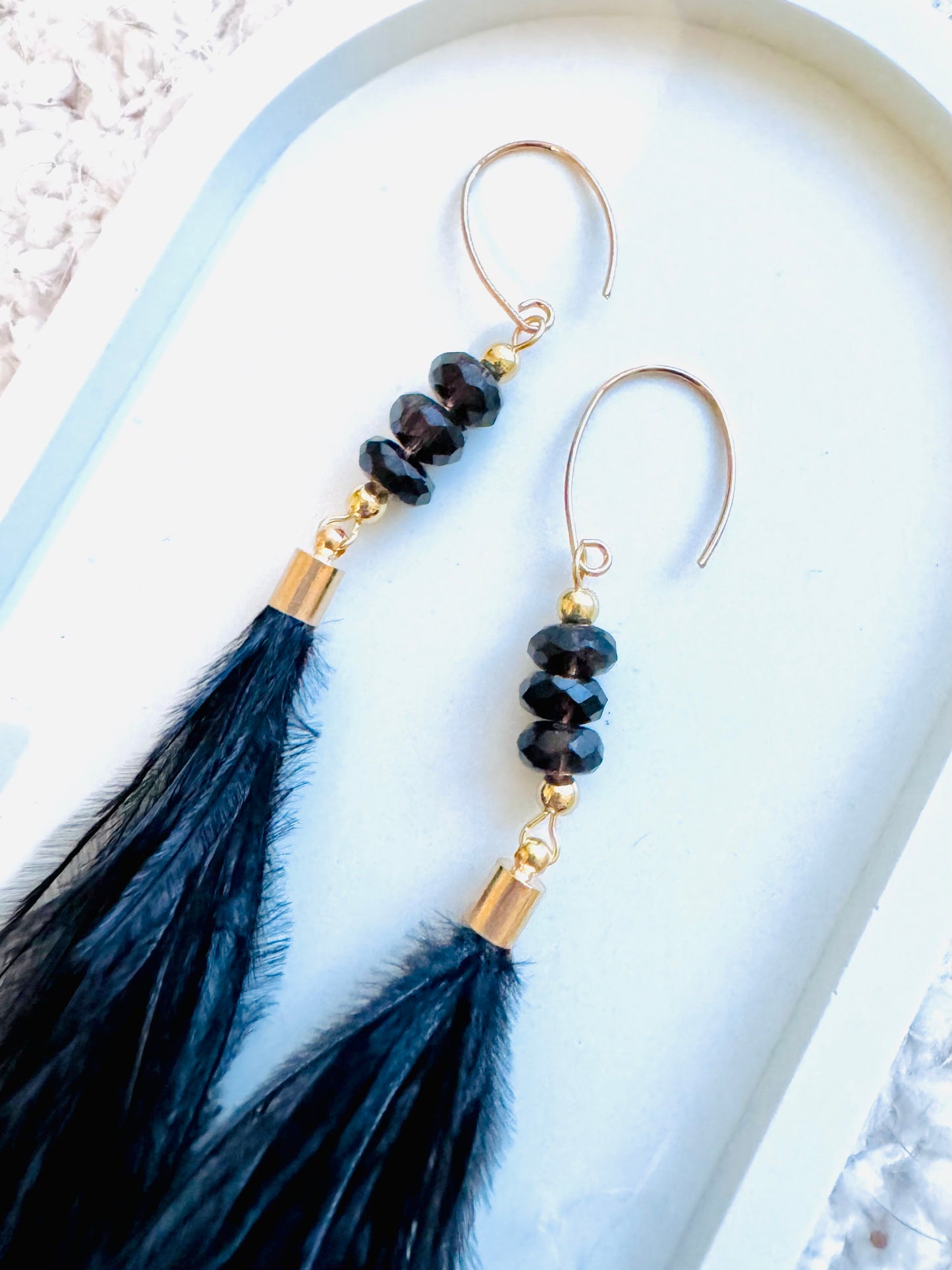 Smoky Quartz + Gold Black Feather Earrings
