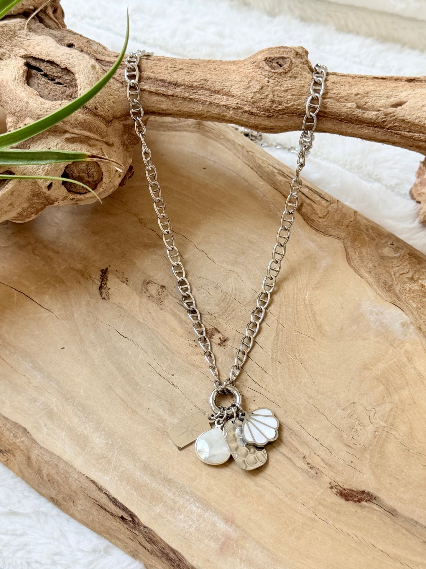Mother of Pearl + Silver Stainless Carabiner Charm Necklace