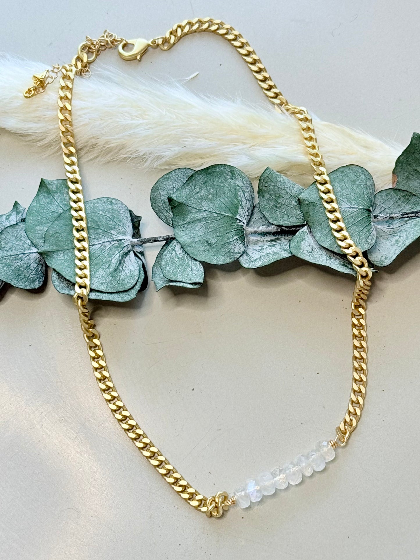 Rainbow Moonstone + Matte Gold Choker Necklace