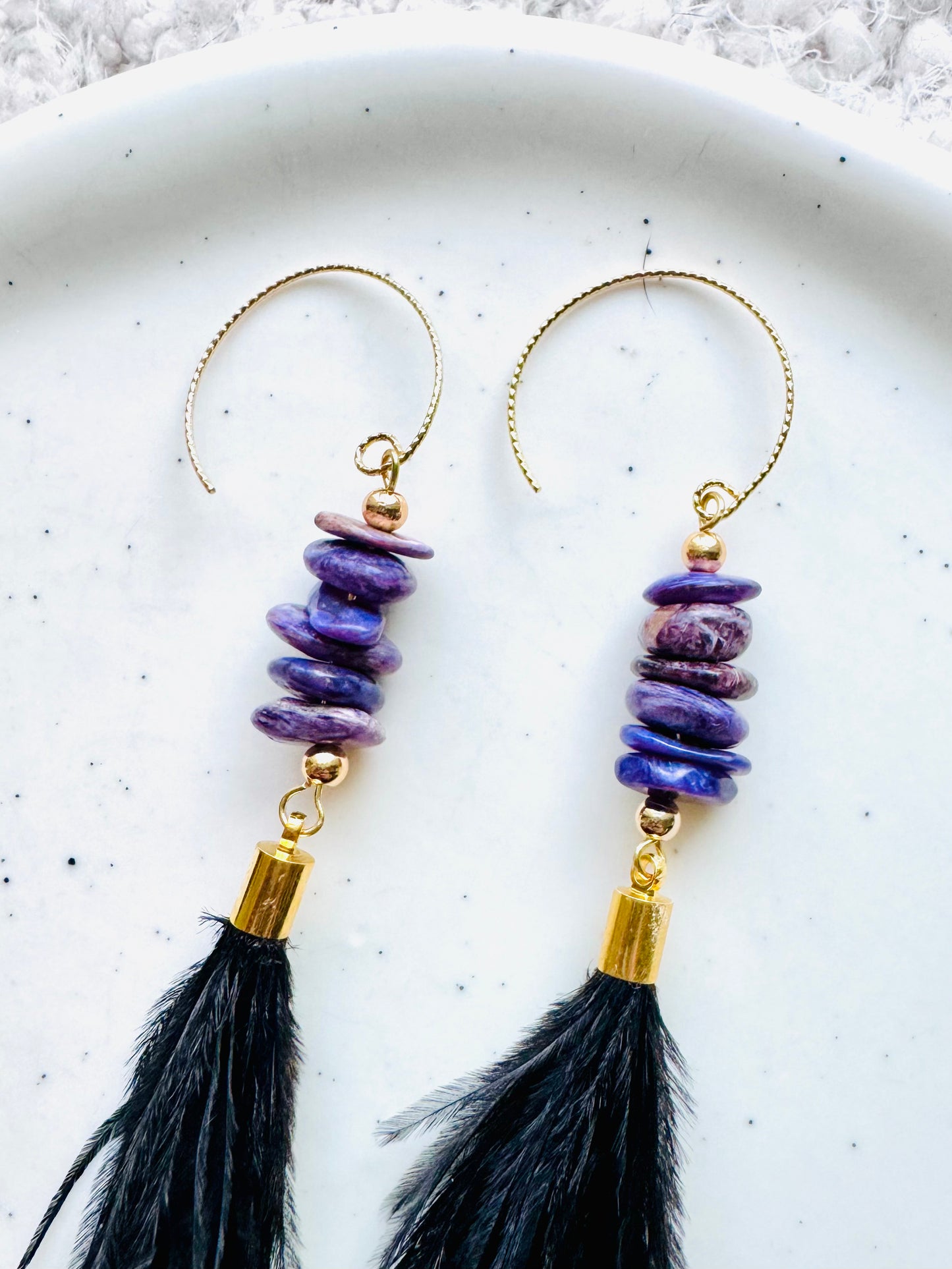 Charoite + Gold Black Feather Earrings