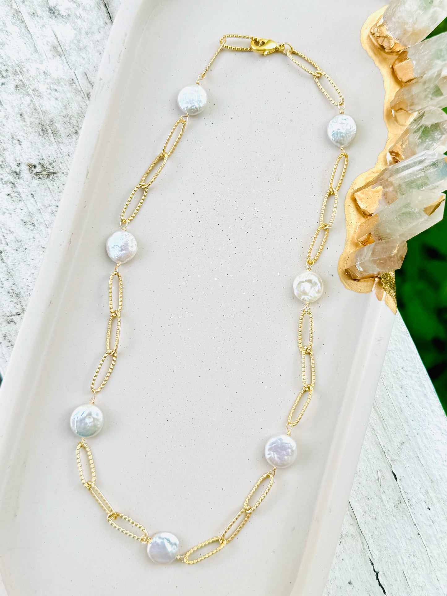 Freshwater Disc Pearl + Matte Gold Chain Necklace