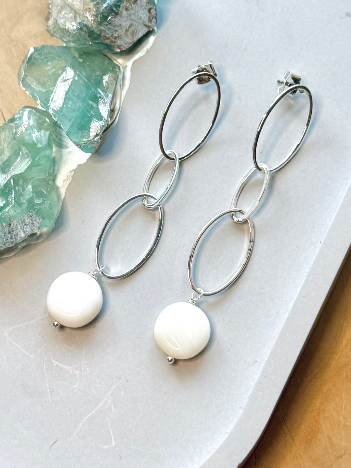 White Opal + Silver Oval Earrings