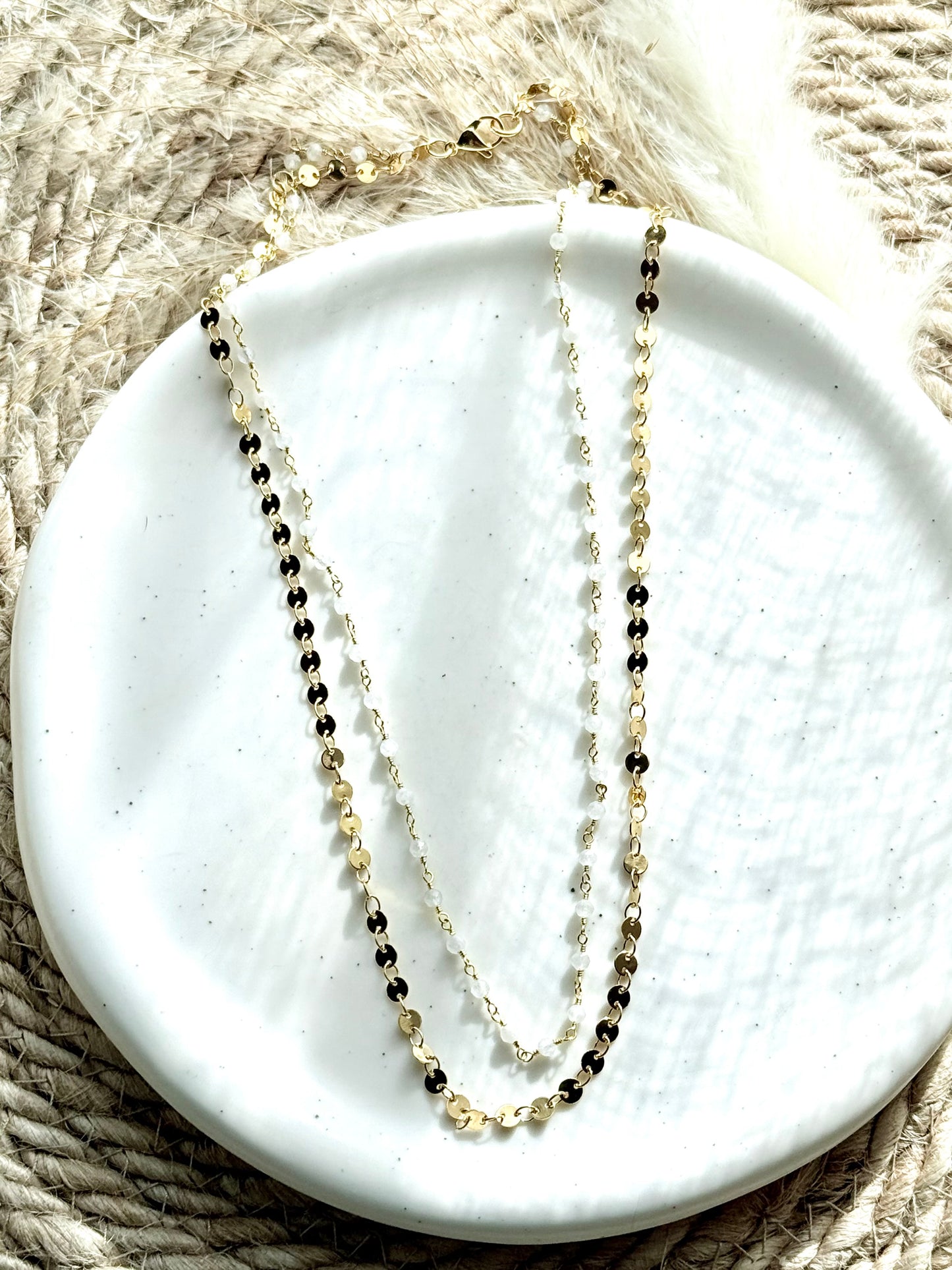 Rainbow Moonstone + Gold Sequin Duet Necklace