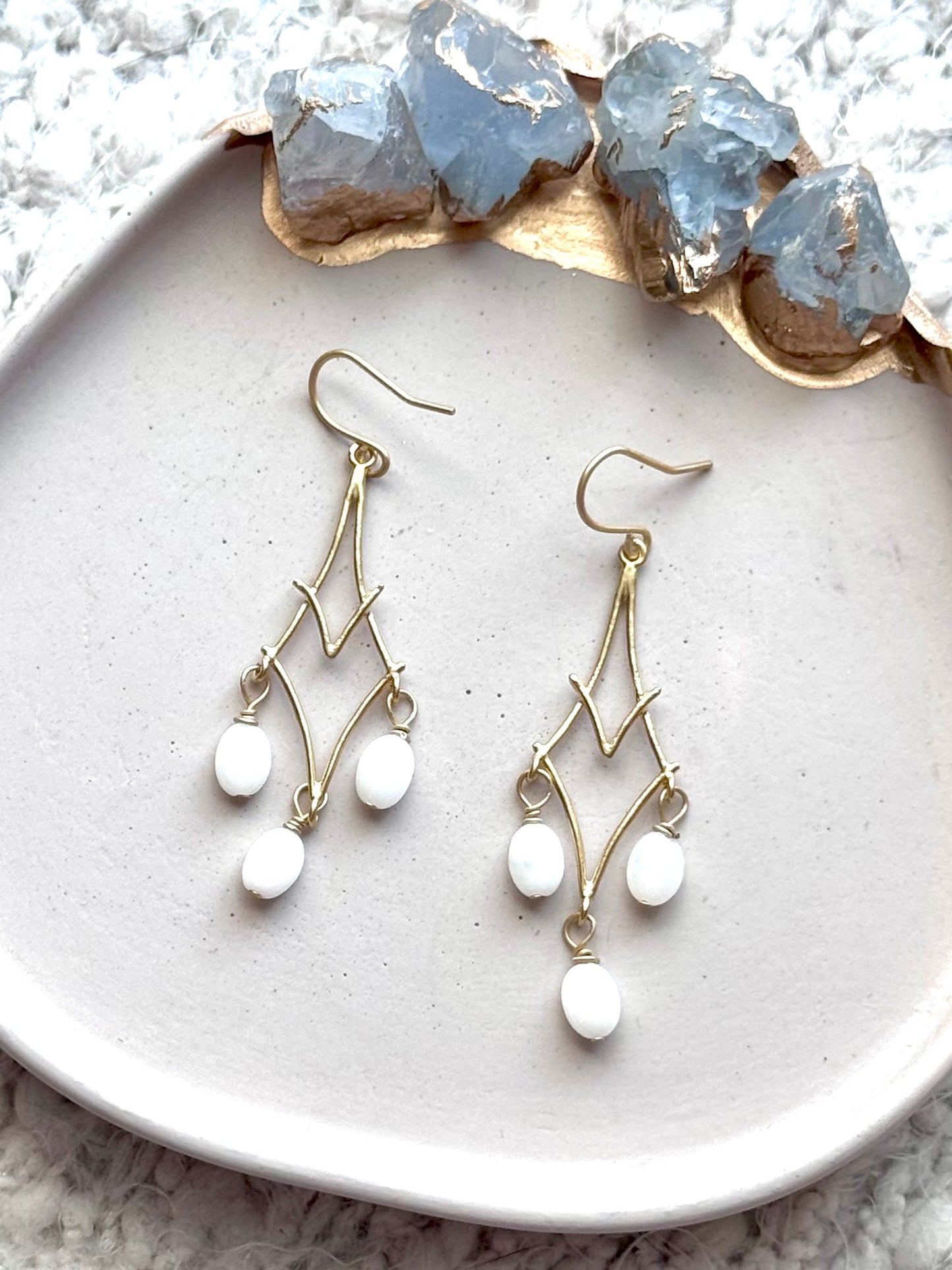 White Opal + Matte Gold Chandelier Earrings