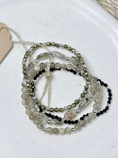 Moss Quartz + Moonstone in Silver Stack (4-stack)