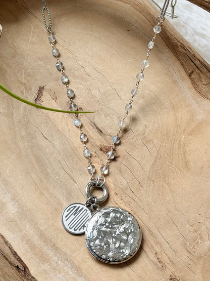 Labradorite + Stainless Steel Locket, Carabiner Charm Necklace