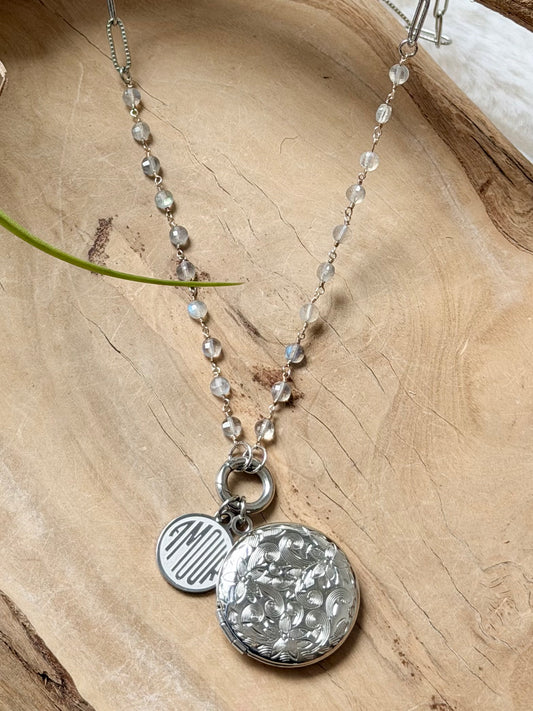 Labradorite + Stainless Steel Locket, Carabiner Charm Necklace