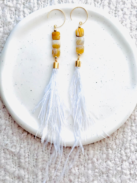 Yellow Botswana Agate + Gold Feather Earrings