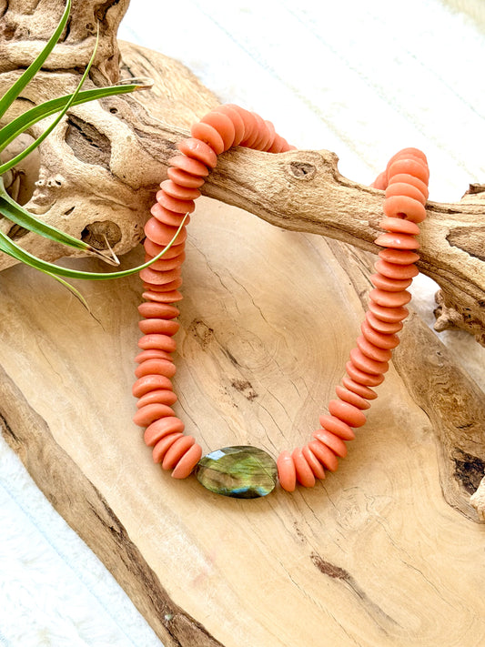 Labradorite + Orange African Ceramic Gold Chunky Necklace