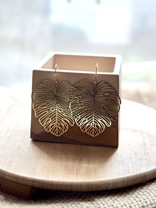 Gold Monstera Leaf Earrings