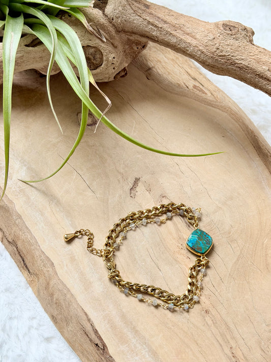 Chrysocolla + Labradorite Duet Bracelet in Gold Stainless Steel