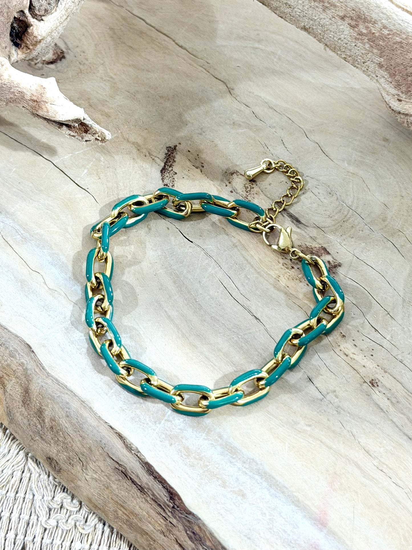 Green + Gold Stainless Steel Link Bracelet