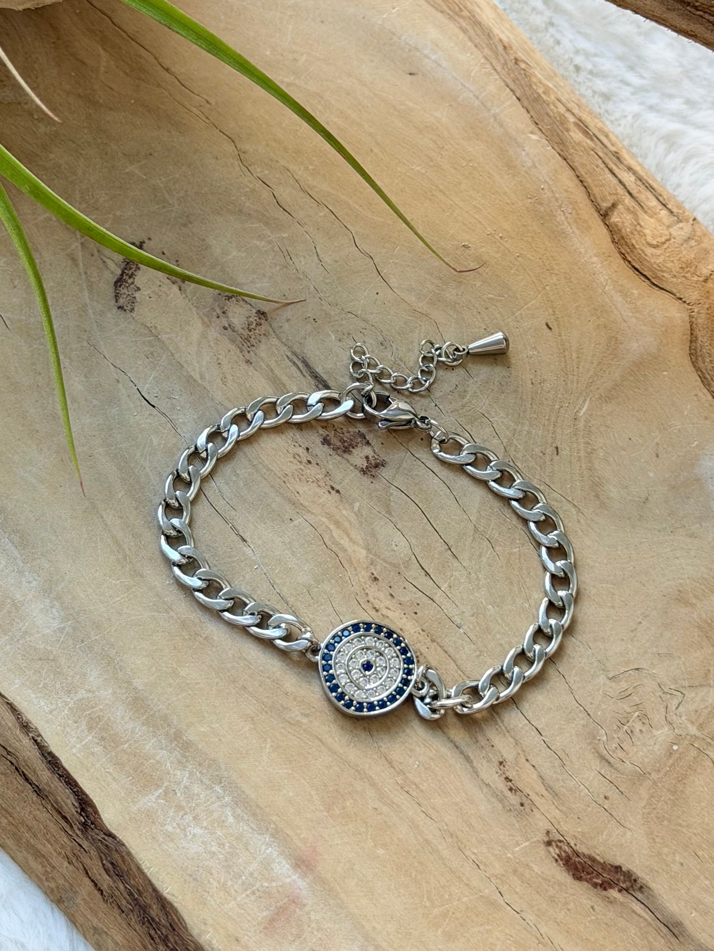 Round Evil Eye + Silver Chain Bracelet