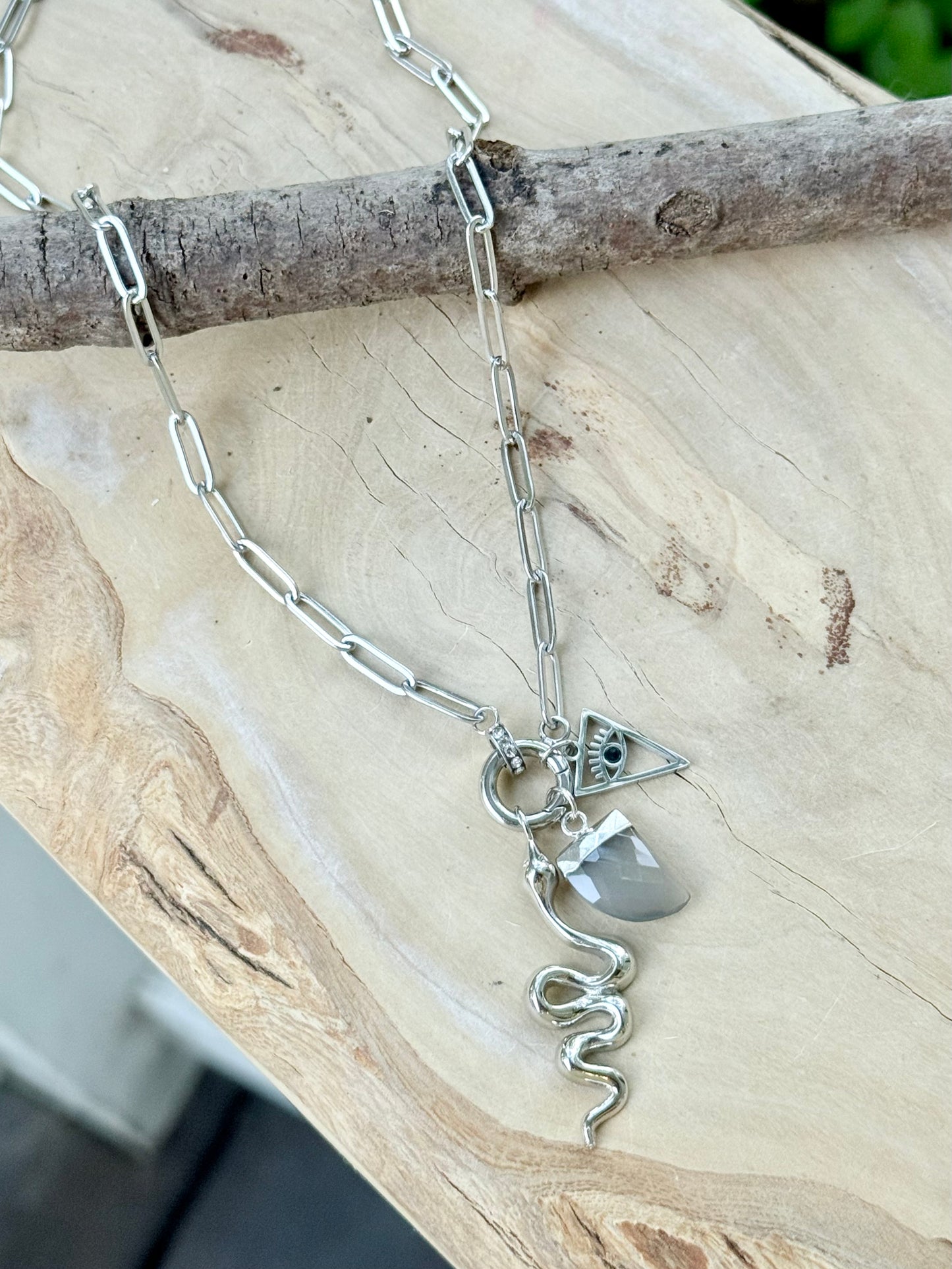 Gray Moonstone + Silver Carabiner Charm Necklace
