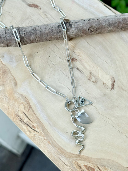 Gray Moonstone + Silver Carabiner Charm Necklace