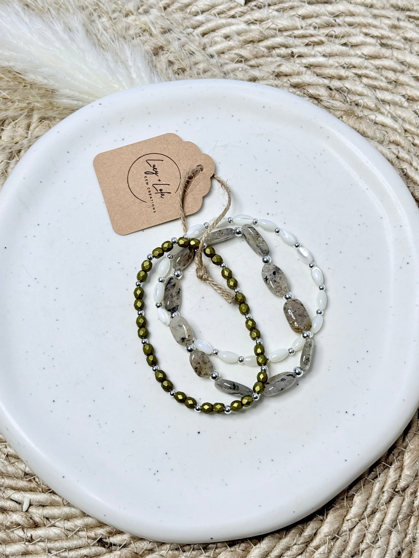 Moss Quartz + Cream in Silver Stack (3-stack)