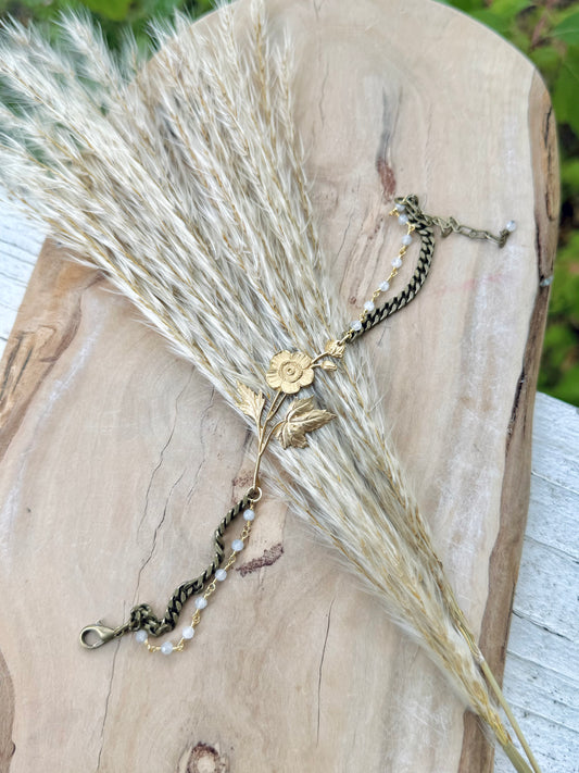 Brass Flowers + Moonstone Mixed Metal Chain Bracelet