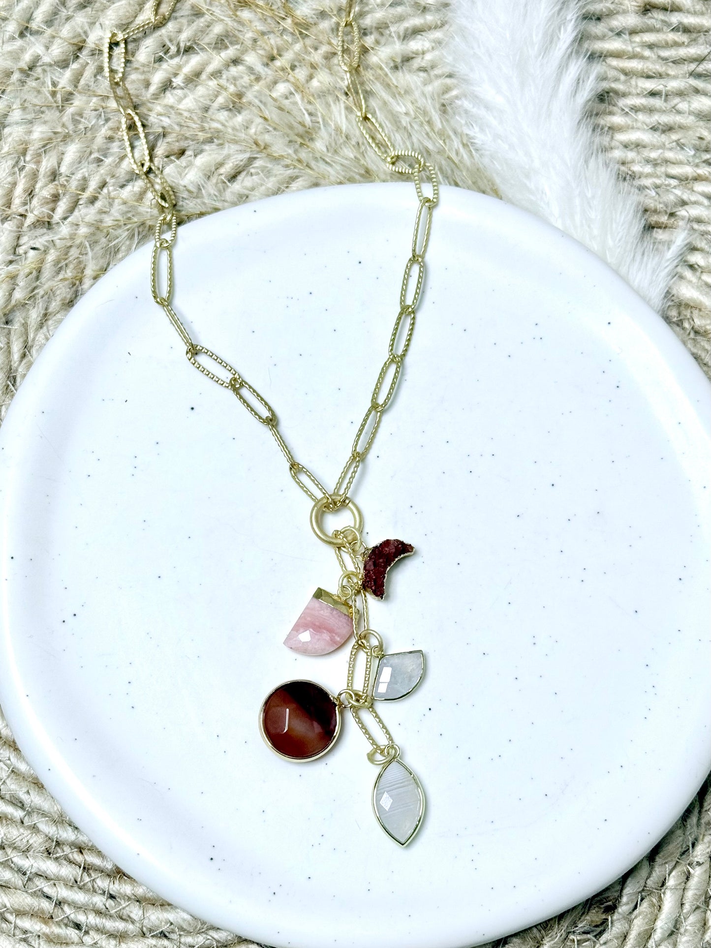 Warm Neutrals + Matte Gold Lariat Charm Necklace